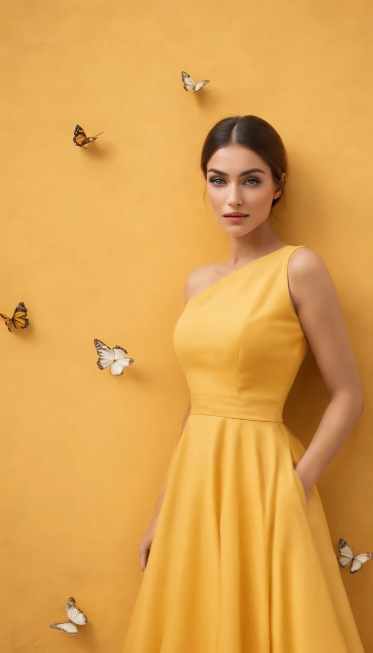 araffe woman in yellow dress standing in front of a wall with butterflies, ((upper body)),a portrait inspired by national geographic, pexels contest winner, street art, yellow butterflies, butterflies, yellow clothes, butterfly, fine art fashion photograph...