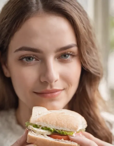 young woman with a sandwich in her hands, framing close up on the sandwich, natural light, high quality photo