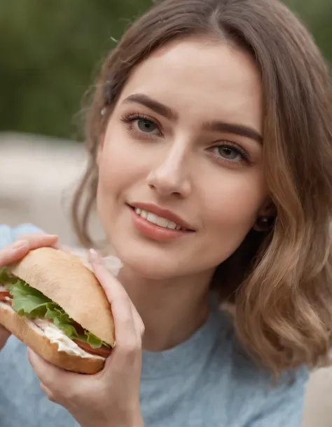 young woman with a sandwich in her hands, framing close up on the sandwich, natural light, high quality photo