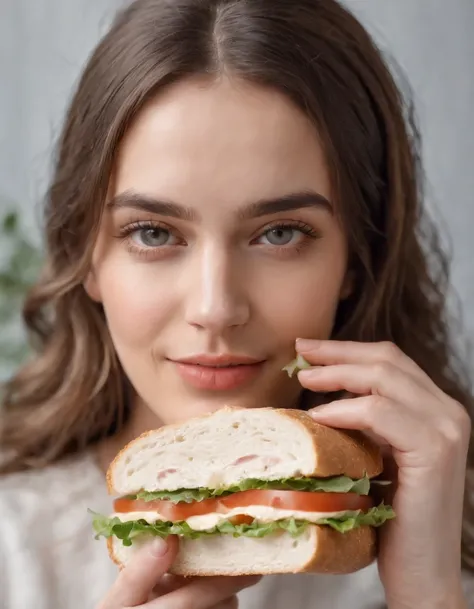 young woman with a sandwich in her hands, framing close up on the sandwich, natural light, high quality photo