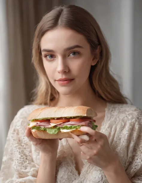 young woman with a sandwich in her hands, framing close up on the sandwich, natural light, high quality photo