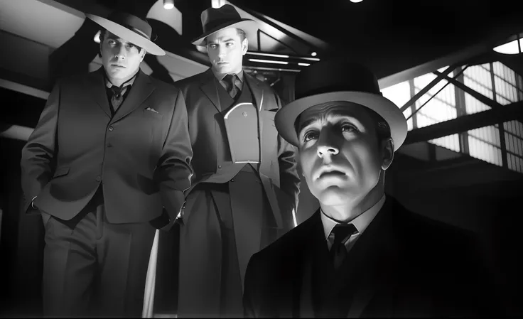 arafed man in a suit and hat standing next to a man in a suit and hat, noir film, noir movie scene, noir film still, sci-fi classic, still from the twilight zone, in this ominous scene, far - mid shot, from a movie scene, film still promotional image, stil...