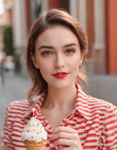 happy young woman, dressed in retro style red and white striped blouse, ice cream cone with sprinkles, high angle shot, sunny day, street background, medium shot, high quality photo