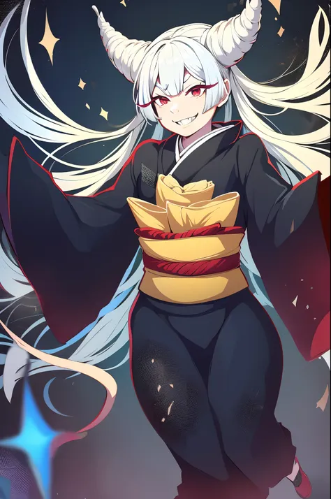 Urara ayashimon, silver hair, horns hair, red eyes, loli, black kimono, sharpteeth, smug, smile, full body