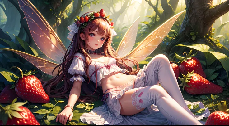 ( Absurd, High quality, ultra-detailed, masterpiece, concept art, smooth, highly detailed artwork, hyper-realistic painting ) , tiny little girl, strawberry girl, Strawberries, cute, whole body, Romantic, Vivid, dreamy, fantasy, fairy wings, in the forest,...