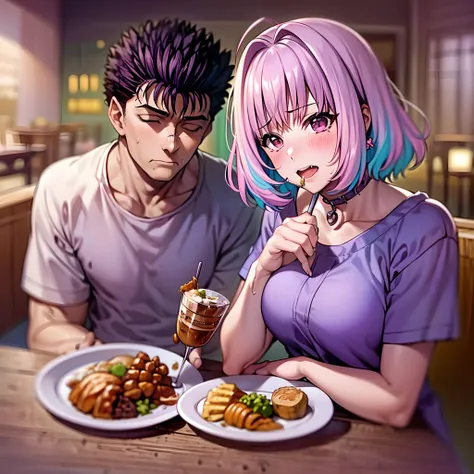 masterpiece, best quality, 1girl, riamu, blue shirt, pleated skirt, solo, simple background, riamu and guts, husband and wife, couple happy in a beach, , purple hair,1boy, in couple, affection, love,relationship, lovey dovey, happy, , , , eating food in a ...