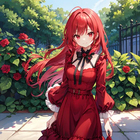 Wavy red hair、red eyes、Beautiful girl alone、RED dress、A smile、rose garden