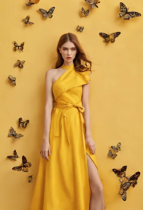 araffe woman in yellow dress standing in front of a wall with butterflies, a portrait inspired by national geographic, pexels contest winner, street art, yellow butterflies, butterflies, yellow clothes, butterfly, fine art fashion photography, harmony of b...