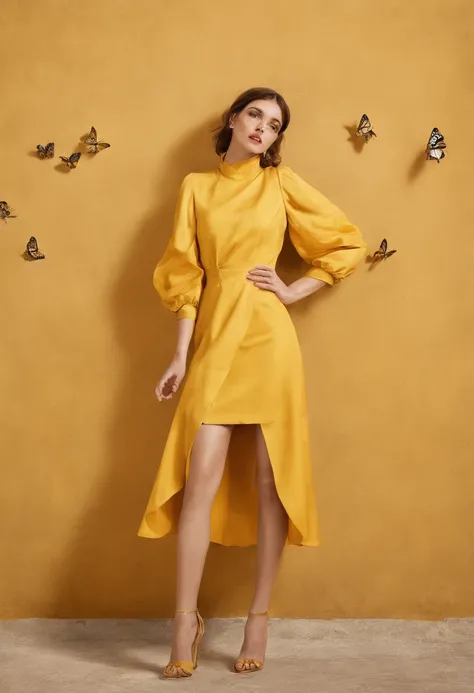 araffe woman in yellow dress standing in front of a wall with butterflies, a portrait inspired by national geographic, pexels contest winner, street art, yellow butterflies, butterflies, yellow clothes, butterfly, fine art fashion photography, harmony of b...