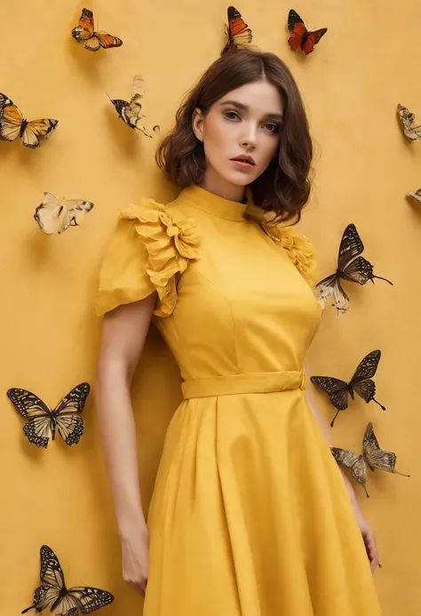 araffe woman in yellow dress standing in front of a wall with butterflies, a portrait inspired by national geographic, pexels contest winner, street art, yellow butterflies, butterflies, yellow clothes, butterfly, fine art fashion photography, harmony of b...