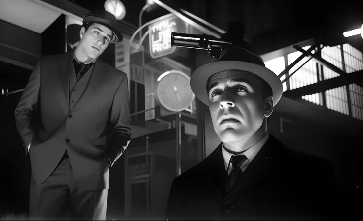 arafed man in a suit and hat standing next to a man in a suit and hat, noir film, noir movie scene, noir film still, sci-fi classic, still from the twilight zone, in this ominous scene, far - mid shot, from a movie scene, film still promotional image, stil...