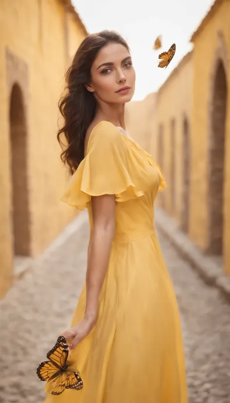 araffe woman in yellow dress,a portrait inspired by national geographic, pexels contest winner, street art, yellow butterflies, butterflies, yellow clothes, butterfly, fine art fashion photography, harmony of butterfly, butterflies in the foreground, on a ...