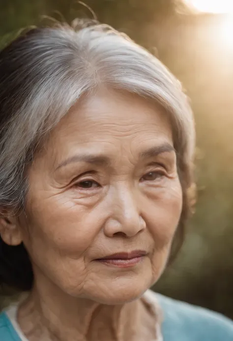 This is a touching close-up shot of an Asian elderly womans weathered but radiant face, her eyes filled with wisdom and a hint of melancholy. In the frame of a soft sunset, shot with Canon EOS R6, using a portrait lens with warm prime time lighting