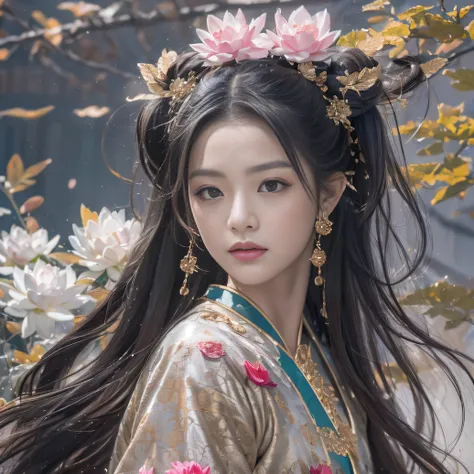 32K（tmasterpiece，k hd，hyper HD，32K）Long flowing black hair，ponds，zydink， a color， Aozhou people （Concubine girl）， （Silk scarf）， Combat posture， looking at the ground， long whitr hair， Floating hair， Carp pattern headdress， Chinese long-sleeved clothing， （a...