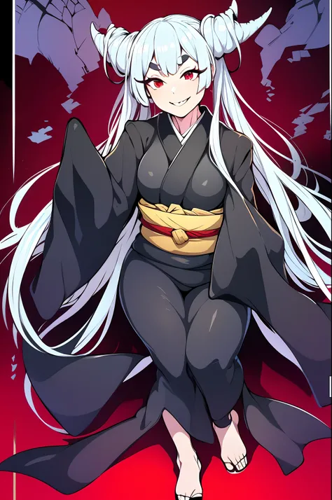 Urara ayashimon, silver hair, horns hair, red eyes, loli, black kimono, sharpteeth, smug, smile, full body, flipflops, big breast, curvy