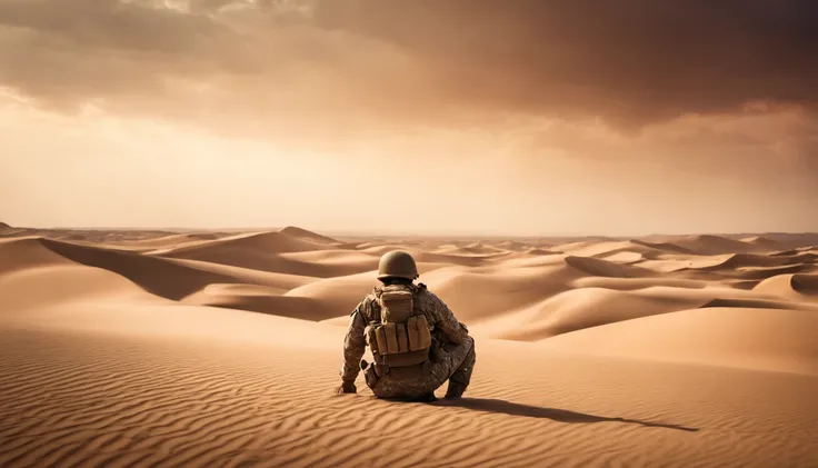 A desert,soldier,battleing、hopelessness