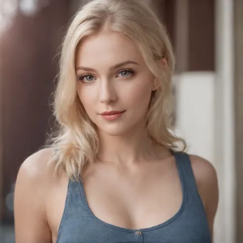 lifelike， ultra high resolution， 1 girl with a perfect body， Super fine face and eyes，blonde hair， Tank top of random colors：1.2， short jeans， big boobs，Expose cleavage