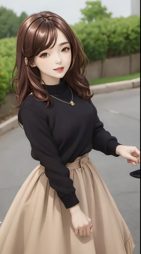 best quality, ((masterpiece)), highly detailed, outdoors, park,
1girl, Midou Miu,
looking at the viewer, smile, closed mouth, upper body,
brown eyes, brown hair, long hair, shiny hair, necklace, black sweater, brown skirt, long skirt