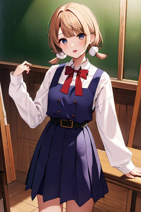 ​masterpiece、top-quality、Hi-Res、ui3、女の子 1 人、独奏、verd s eyes、Pinnafore Dresses、white  shirt、white sock、long-sleeve、Long、a belt、red bowtie、bangss、School Uniforms、a blue dress、shirt with collar、cowboy  shot、