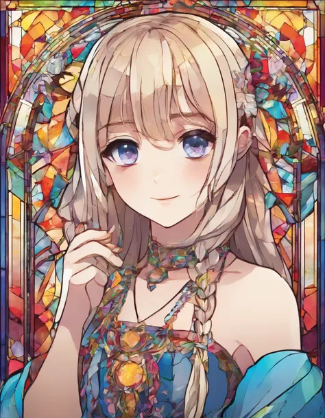 Girl with a lonely expression、12year old、The most beautiful face、poneyTail、hair adornments、Hippie clothes、Upper body Esbian、top-quality、Geometric background、 Sil Off from Isometric Anime,stain glass,