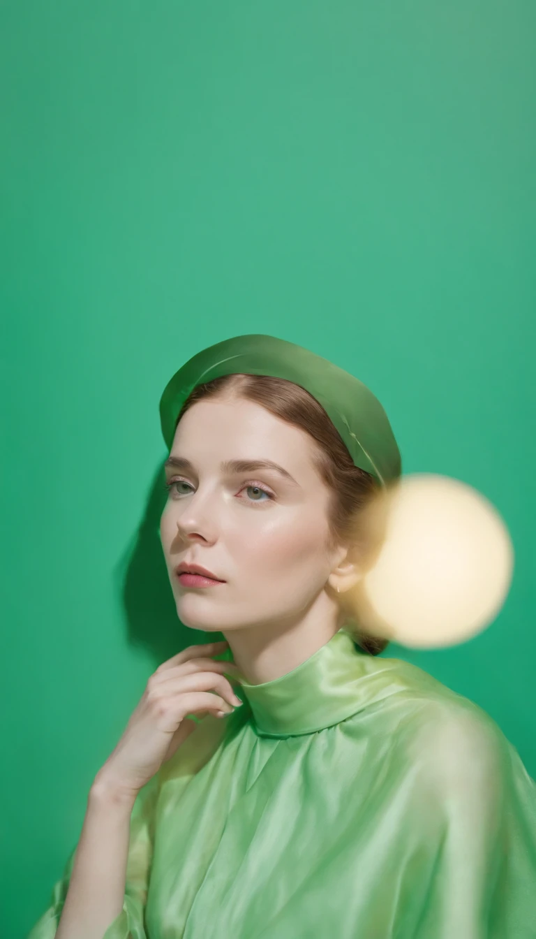 a young woman on a green background, in the style of carl kleiner, buckminster fuller, loretta lux, high quality photo, wavy resin sheets, gold and cyan, digital symmetry，medium shot