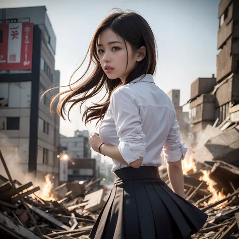 (in 8K、RAW Photos、top-quality、​masterpiece:1.2)、(realisitic、Photorealsitic:1.37)、ultra-detailliert、超A high resolution、Heroine of a monster movie、Beautiful 15-year-old high school girl in Japan desperately fleeing from a giant monster in devastated Tokyo、Sc...