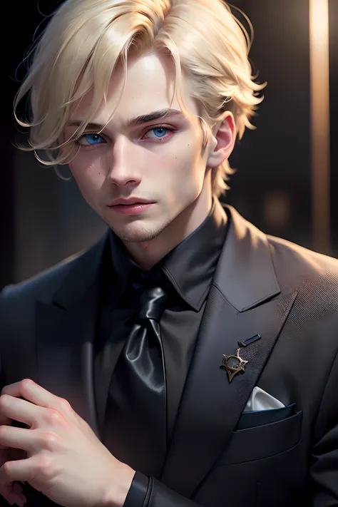 (masuter piece,Best Quality,Ultra-detailed), (A detailed face), 1boy, A young man who left his boyhood behind,(front-facing view),(Photorealsitic:1.2),(side lights,Beautiful Eyes of Details:1.2),Blonde colored hair,Face focus,Black suit,Black jacket,Black ...