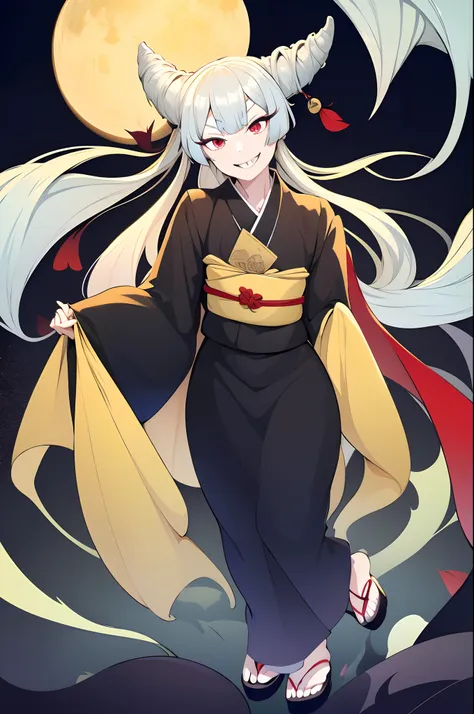 urara ayashimon, silver hair, horns hair, red eyes, loli, black kimono, sharpteeth, smug, smile, full body, flipflops