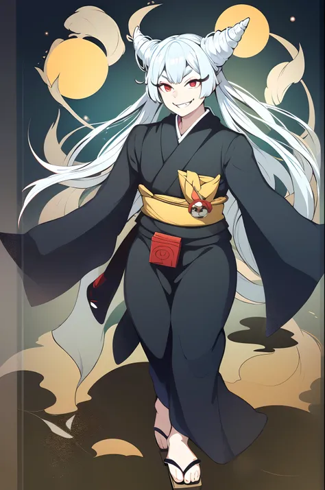 urara ayashimon, silver hair, horns hair, red eyes, loli, black kimono, sharpteeth, smug, smile, full body, flipflops