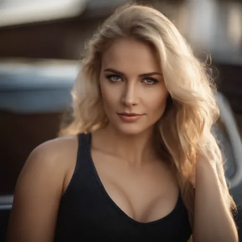 lifelike， ultra high resolution， 1 girl with a perfect body， Super fine face and eyes，blonde hair， Tank top of random colors：1.2， short jeans， big boobs，Expose cleavage