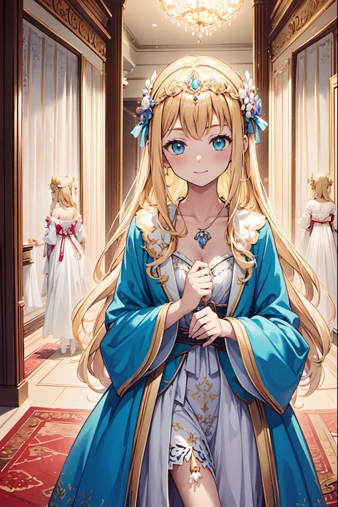 teens girl，divino，Enchanted，having fun，Being in love，blond hairbl，pale robe，intricate detailed clothes，Pattern，Princess headband，A small amount of lace，swim wears，inside in room，solo person，