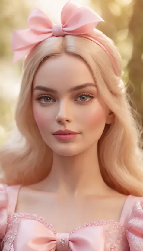 Cinematic scene,, Margot Robbie as Barbie,(photorealistic:1.4),shallow focus,establishing wide shot,1 girl, solo, cute face, (blush,shy:1.3),long eyelashes, (light yellow long soft waves hair:1.2), (huge-pink-bow headdress:1.3), cartoon_portrait, BEAK (The...