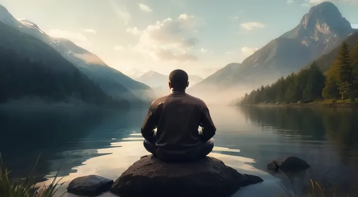 man sitting on a rock in front of a lake, meditating, meditation, stoic and calm, floating in a powerful zen state, zen meditation, sitting in front of a lake, hindu stages of meditation, figure meditating close shot, relaxing calm vibes, meditation pose, ...