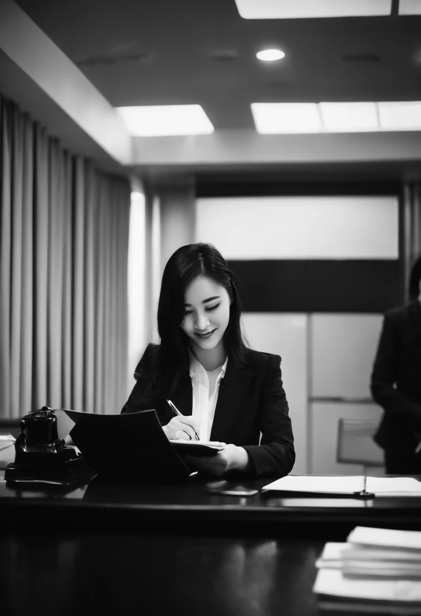 Wearing black leather gloves in both hands, upper body, black business suit, facing the desk in the modern study in the dark, looking down, smiling, writing a letter using a fountain pen, long, straight black hair, young and cute face Japanese female new e...