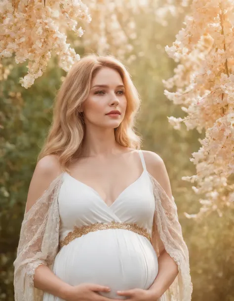 an up close photo of a pregnant woman, Beautiful pregnant woman, Stand with your hands dangling, long hair flowing with the wind, In the middle of colorful flower beds, White dress,((golden short hair)),beautiful flower