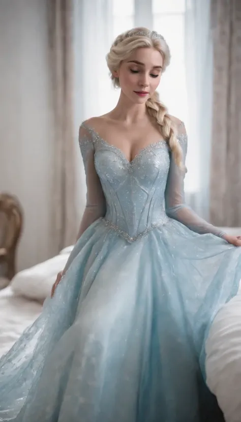 elsa frozen at 18 years old  at the bed, open legs, (showing ), walt disney, medium shot