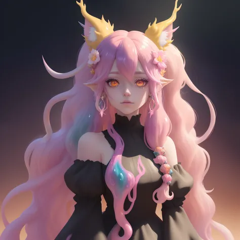 Multicolored hair, horns, Massy hair, Slime, Slime girl, Detail face, Detail body, crystal earrings, fox ears, deer ears, red eyes, yellow eyes, yellow eyes, white eyes, colored eyelashes, bone hair ornament, orange hairband, flower on head, tentacle hair,...