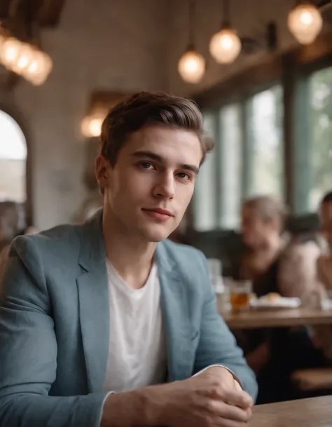 young man sitting in a restaurant, in the style of desertpunk, backlit photography, zeiss milvus 25mm f/1.4 ze., sherry akrami, kris knight, marbleized, andy warhol --ar 2:3 --v 5