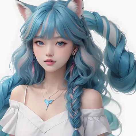 Masterpiece, Best Quality, High Resolution, (whitebackground: 1.4), [glistering], [looking at the viewer, Portrait, 1 Sweet Chinese Girl], (Long hair, Blue hair, wavy curls, Multi-colored twisted large braid: 1.3, fluffy fox ears, air bangs), White short s...