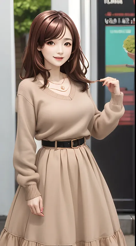 best quality, ((masterpiece)), highly detailed, park, dog,
1girl, Midou Miu,
looking at the viewer, smile, closed mouth,huge breast,
brown eyes, brown hair, long hair, shiny hair, necklace, black sweater,  brown skirt, long skirt