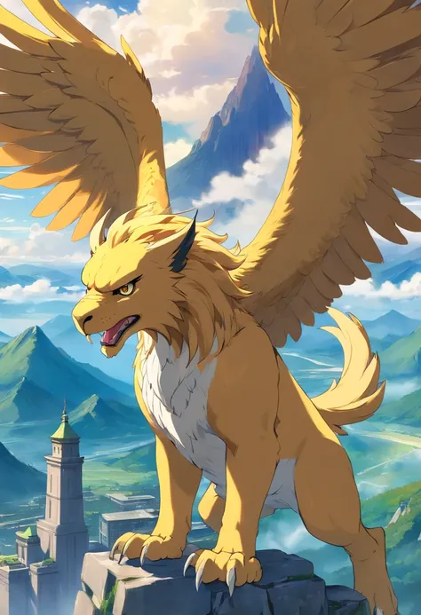 Gryphon, mythological creatures, Majestic, Powerful wings, Lion body, Eagle head, Fierce gaze, Sharp claws, feater, Golden beak, Large size, Flying, Mountains, Cloudy sky, Ancient ruins, Fantasy realm, mythological landscape, Epic, magical, mythological cr...