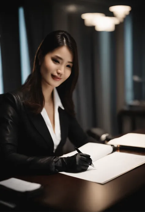 Wearing black leather gloves in both hands, upper body, black business suit, facing the desk in the modern study in the dark, looking down, smiling, writing a letter using a fountain pen, long, straight black hair, young and cute face Japanese female new e...