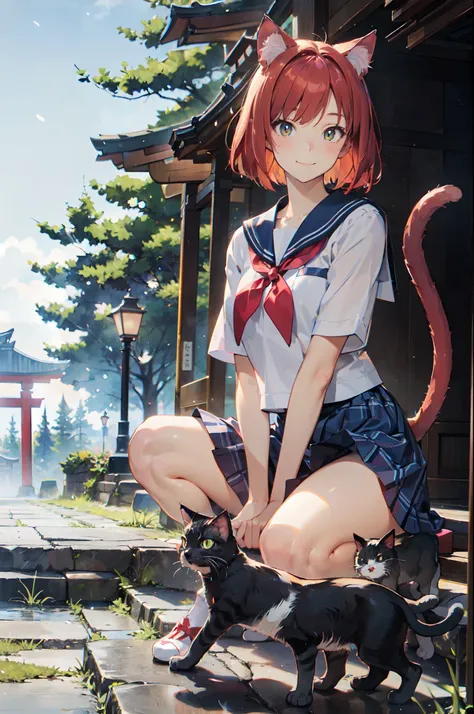 masutepiece, Best Quality, Detailed beautiful face and eyes, Full body, The best illustrations, PastelColors, (jpn、Shrine 1.4), Red torii gate, beauitful face, blurry backround, 10 year old beautiful girl, shinny skin, (１The tail of a cat in a book grows:1...