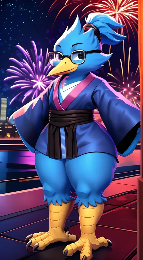 Berdly from Deltarune, glasses, male, solo, blue body, avian, bird, bun, ponytail, talons, yellow feet, full body, black eyes, hair in bun, ponytail, feathery bun, kimono, beautiful kimono, outdoors, fireworks, hair in bun, fur in bun, standing, thick thig...