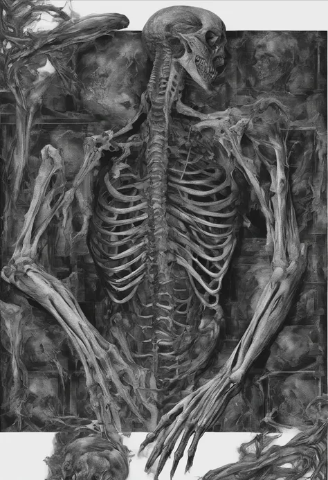 contortion，variation，No skin，Exposed bloody muscles，Scary head，Disgusting paws，walks on all fours，Terrifying twisted mutants，revealing bones，Head with bones and sharp teeth exposed，Twisting the weird body，Bursting chest，Next to it are a lot of dead humans ...