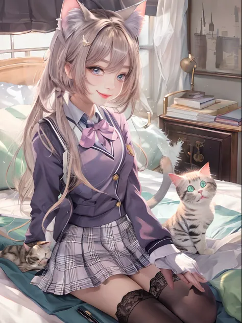 (masterpiece, best quality), 1 beautiful girl, cat ears, smile, slim body, (school uniform:1.1), (detailed beautiful eyes), paw gloves, bedroom, indoors,