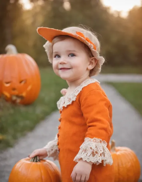 A cute child, happy, candy, halloween, halloween suit, jack-o-lantern