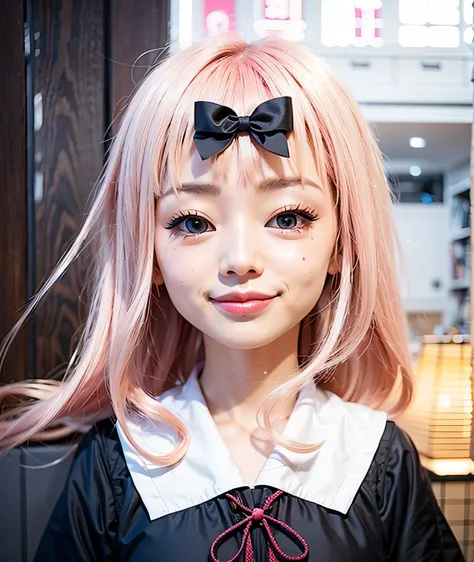 a Japanese woman with pink hair smiling and blue eyes in a black dress, ultra realistic, high quality, detailed face,