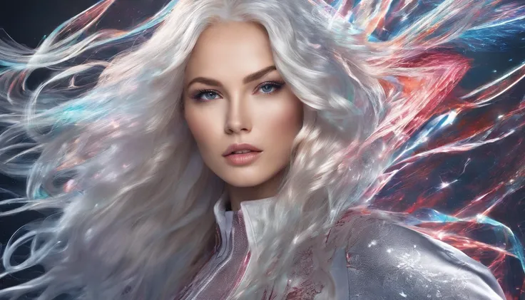 Silver-haired girl, Neon red lights cast side light on smooth long hair, Complex wave patterns, Detailed hairstyling design, vibrant, Shiny hair, Sparkling highlights, reflective surface, Cascade interlocking, Dynamic movements, Ethereal atmosphere, Smooth...