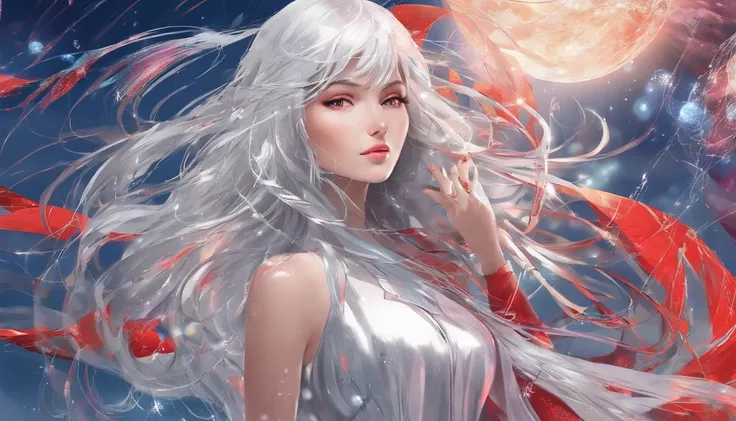 Silver-haired girl, Neon red lights cast side light on smooth long hair, Complex wave patterns, Detailed hairstyling design, vibrant, Shiny hair, Sparkling highlights, reflective surface, Cascade interlocking, Dynamic movements, Ethereal atmosphere, Smooth...